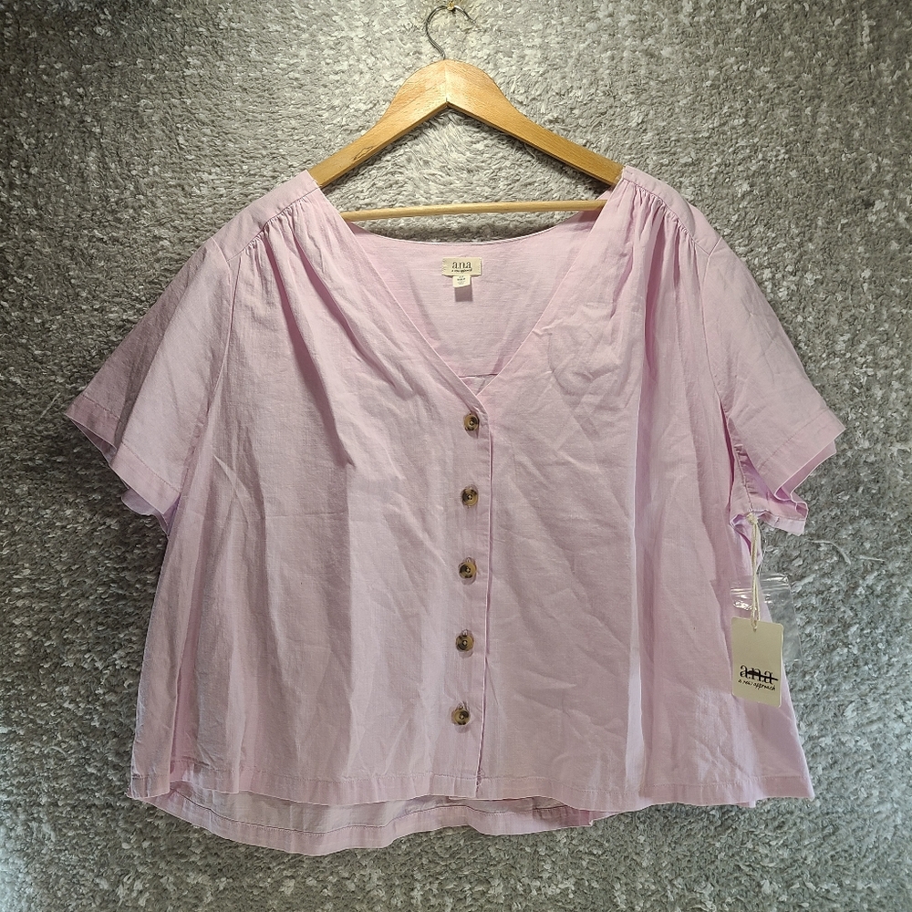 A.N.A. Women 2X Cotton Top Pink Short Sleeve Shirt V-neck Button Up Boxy NWT